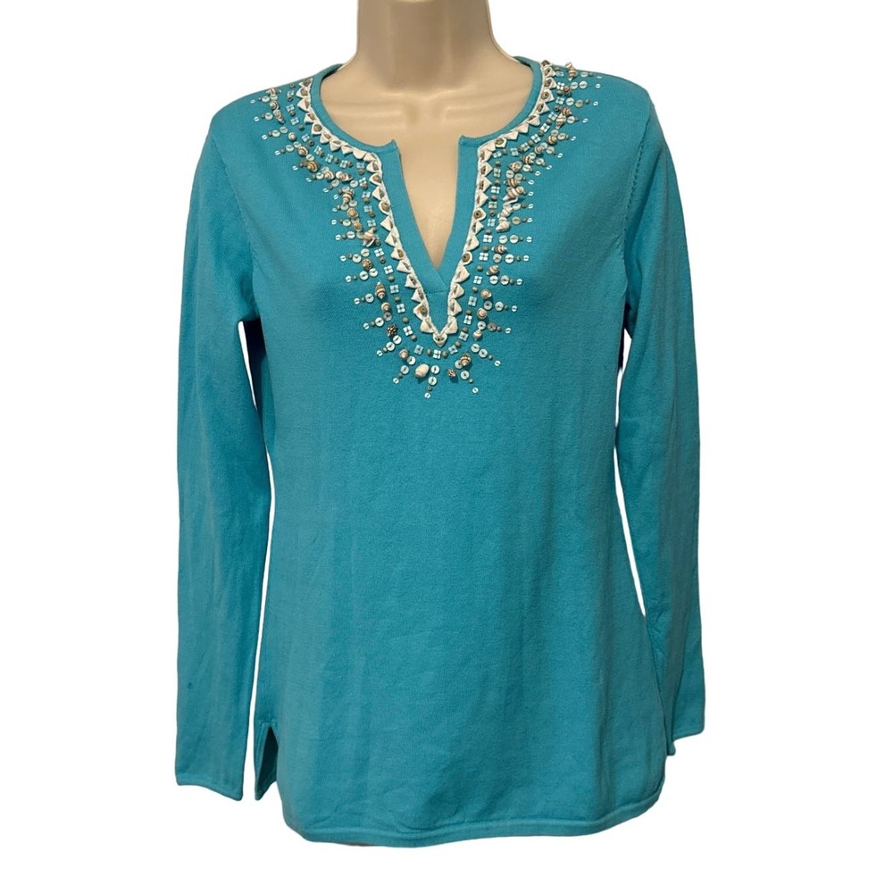 Brooks Brothers Womens Turquoise Silk Blend Seashell Embellished‎ Knit Top Small
